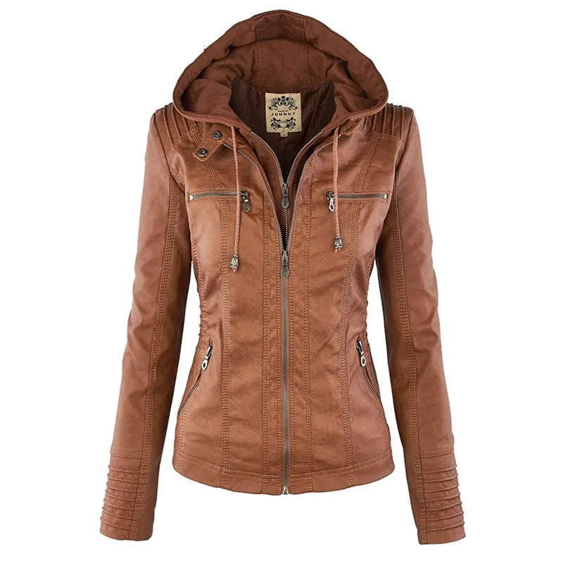 Giacca in similpelle da donna 2024 Giacca basica Cappotto Donna Giacca invernale da motociclista in pelle PU con cerniera Felpe con cappuccio Capispalla chaqueta
