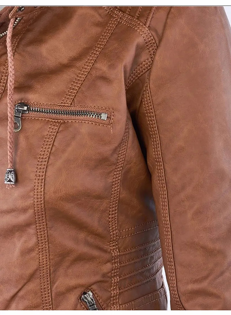 Giacca in similpelle da donna 2024 Giacca basica Cappotto Donna Giacca invernale da motociclista in pelle PU con cerniera Felpe con cappuccio Capispalla chaqueta