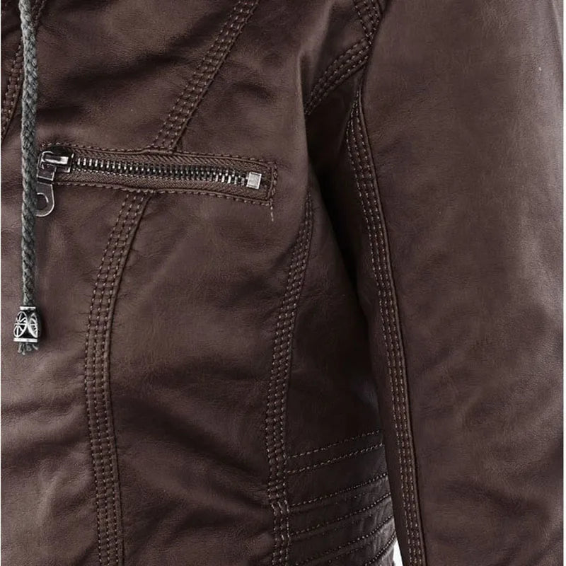 Giacca in similpelle da donna 2024 Giacca basica Cappotto Donna Giacca invernale da motociclista in pelle PU con cerniera Felpe con cappuccio Capispalla chaqueta