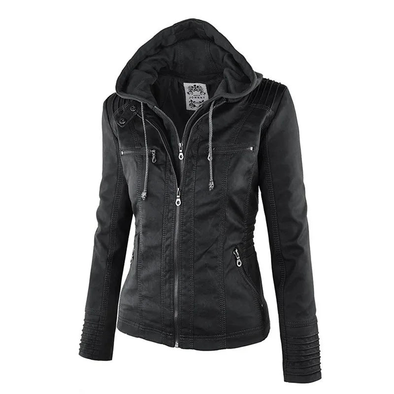 Giacca in similpelle da donna 2024 Giacca basica Cappotto Donna Giacca invernale da motociclista in pelle PU con cerniera Felpe con cappuccio Capispalla chaqueta