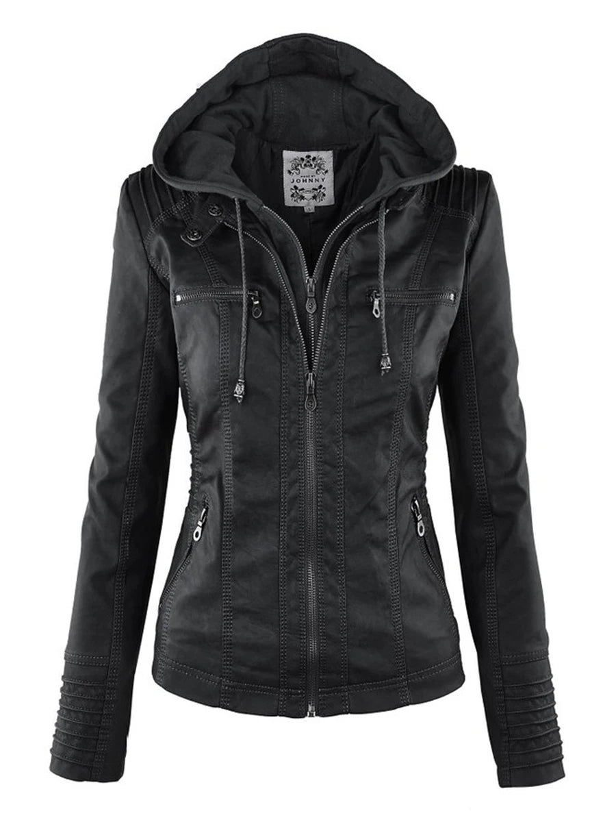 Giacca in similpelle da donna 2024 Giacca basica Cappotto Donna Giacca invernale da motociclista in pelle PU con cerniera Felpe con cappuccio Capispalla chaqueta