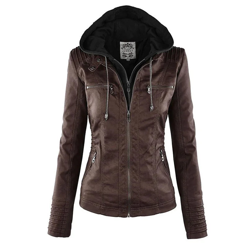 Giacca in similpelle da donna 2024 Giacca basica Cappotto Donna Giacca invernale da motociclista in pelle PU con cerniera Felpe con cappuccio Capispalla chaqueta
