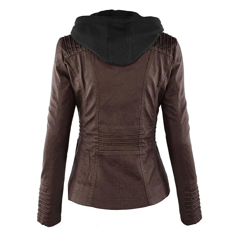 Giacca in similpelle da donna 2024 Giacca basica Cappotto Donna Giacca invernale da motociclista in pelle PU con cerniera Felpe con cappuccio Capispalla chaqueta