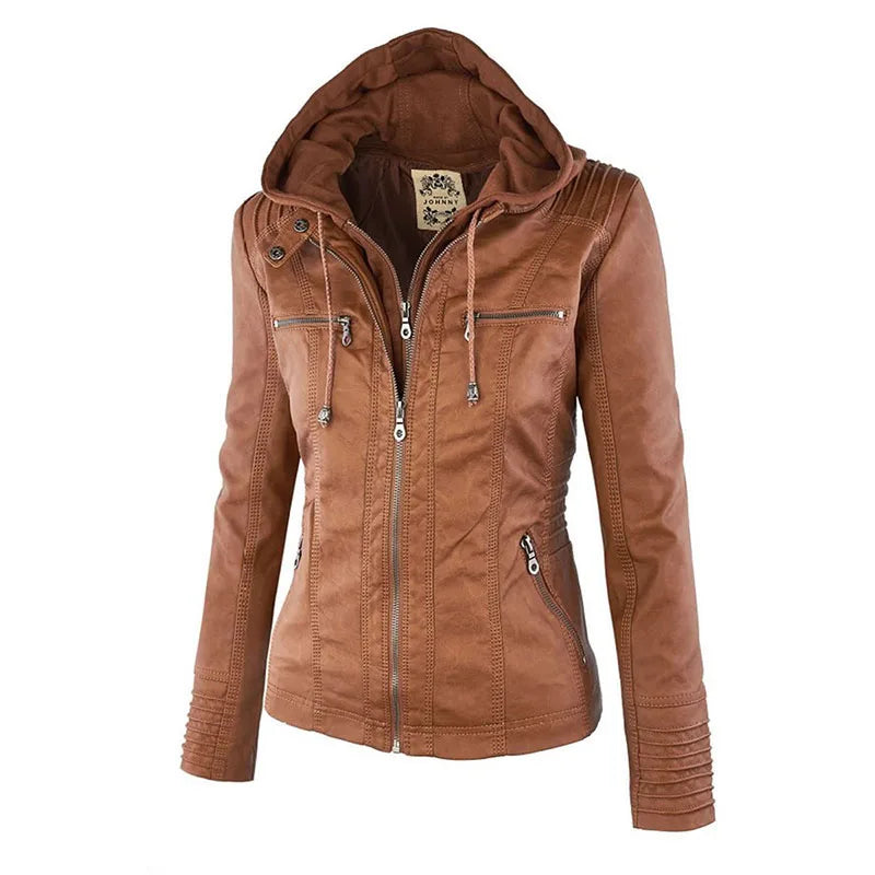 Giacca in similpelle da donna 2024 Giacca basica Cappotto Donna Giacca invernale da motociclista in pelle PU con cerniera Felpe con cappuccio Capispalla chaqueta
