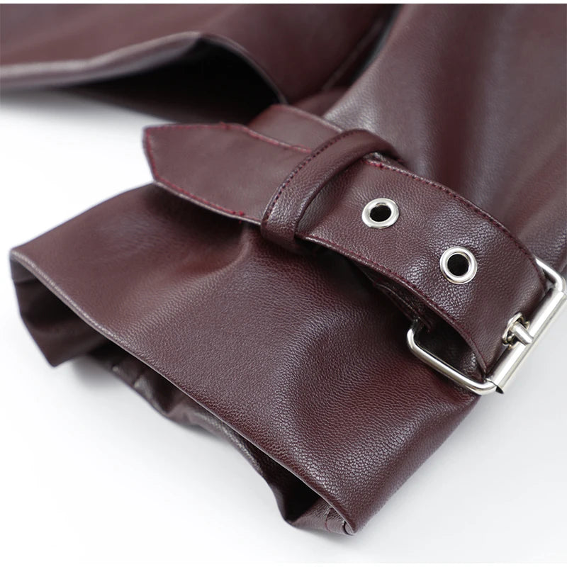 Eleganti cappotti in pelle bordeaux con un bottone per donna, alla moda, tasche a ribalta, giacche larghe e solide, 2024, capispalla da strada Lady Chic