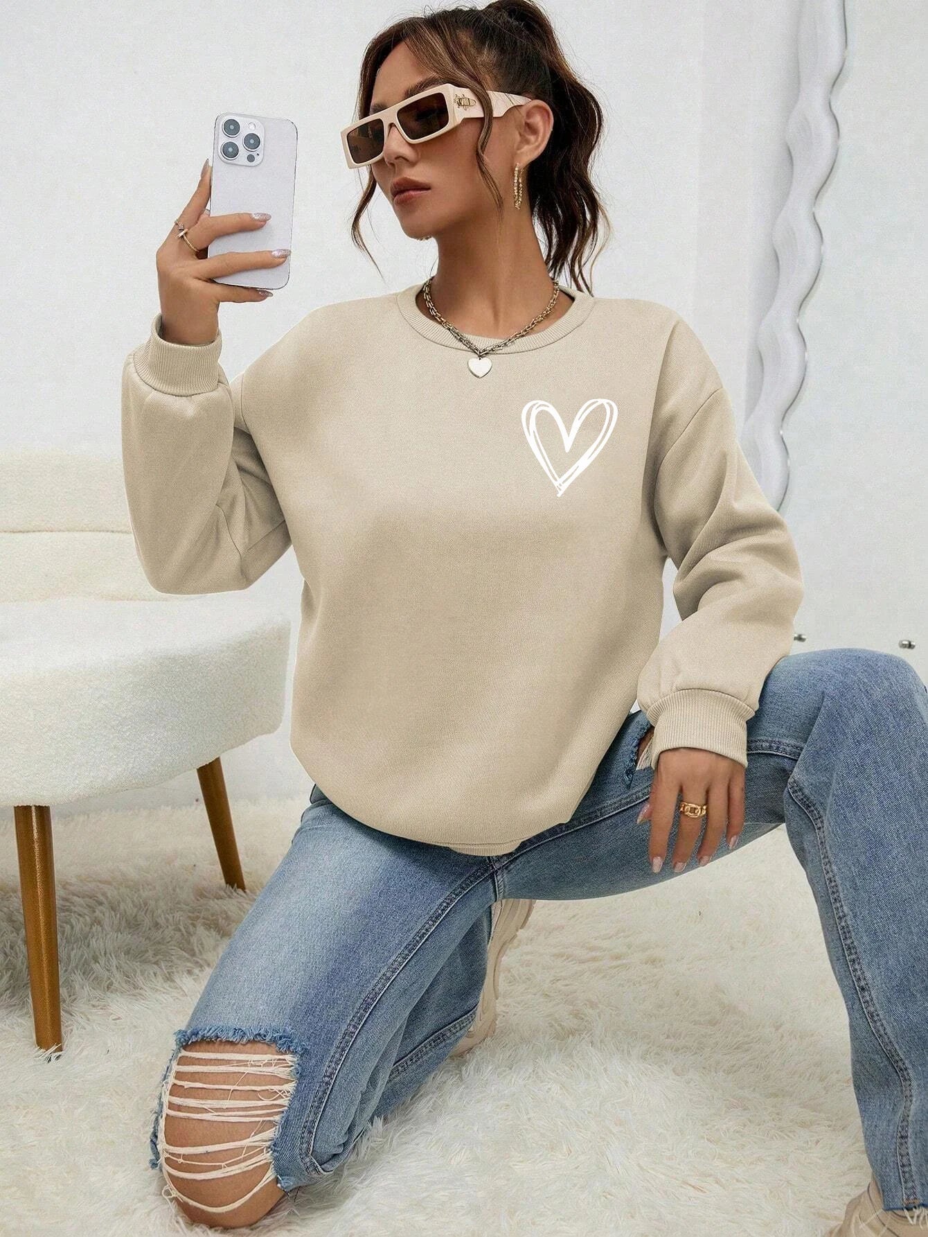 Felpe con stampa a forma di cuore semplice per donna, comode e casual, con scollo rotondo, in pile, calde e comode, abbigliamento sportivo