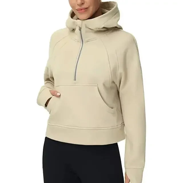 Oversized Scuba Half-Zip Hoodie Waist Length Jackets Sweatshirts Soft Thumbholes Leisure Yoga Coat for Winter