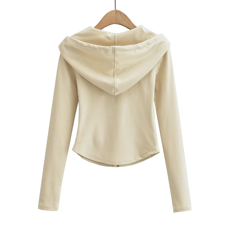 Felpe con cappuccio corte alla moda autunnale da donna, con cerniera intera, felpe alla moda coreana, con cappuccio, carine, a maniche lunghe, top corto sexy e attillato