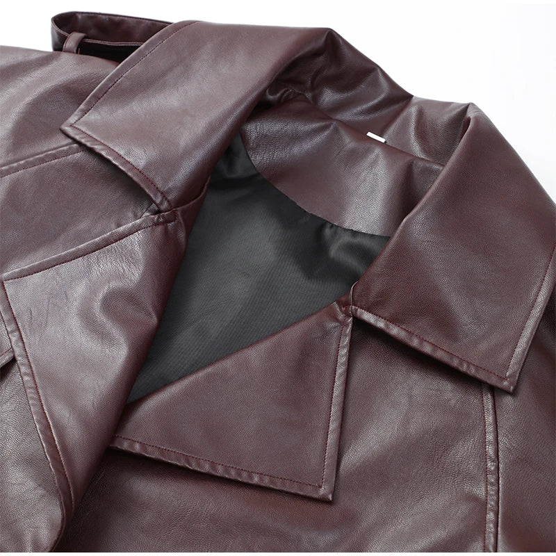 Eleganti cappotti in pelle bordeaux con un bottone per donna, alla moda, tasche a ribalta, giacche larghe e solide, 2024, capispalla da strada Lady Chic