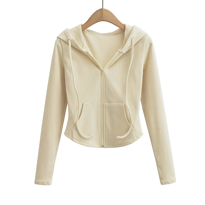 Felpe con cappuccio corte alla moda autunnale da donna, con cerniera intera, felpe alla moda coreana, con cappuccio, carine, a maniche lunghe, top corto sexy e attillato