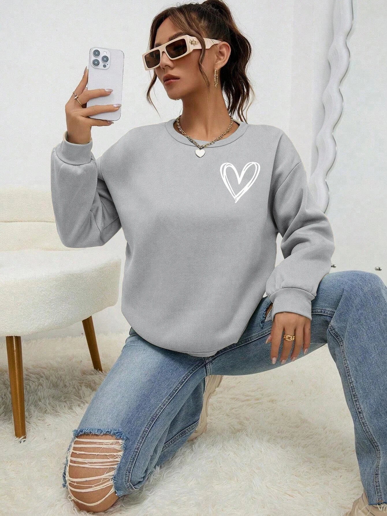 Felpe con stampa a forma di cuore semplice per donna, comode e casual, con scollo rotondo, in pile, calde e comode, abbigliamento sportivo