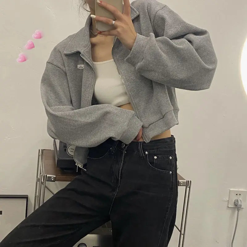 Felpe Donna All-match Solido Cerniera Trendy Stile Coreano Harajuku Ins Retro Autunno Casual Ufficio Donna Quotidiano Nuovo Arrivo