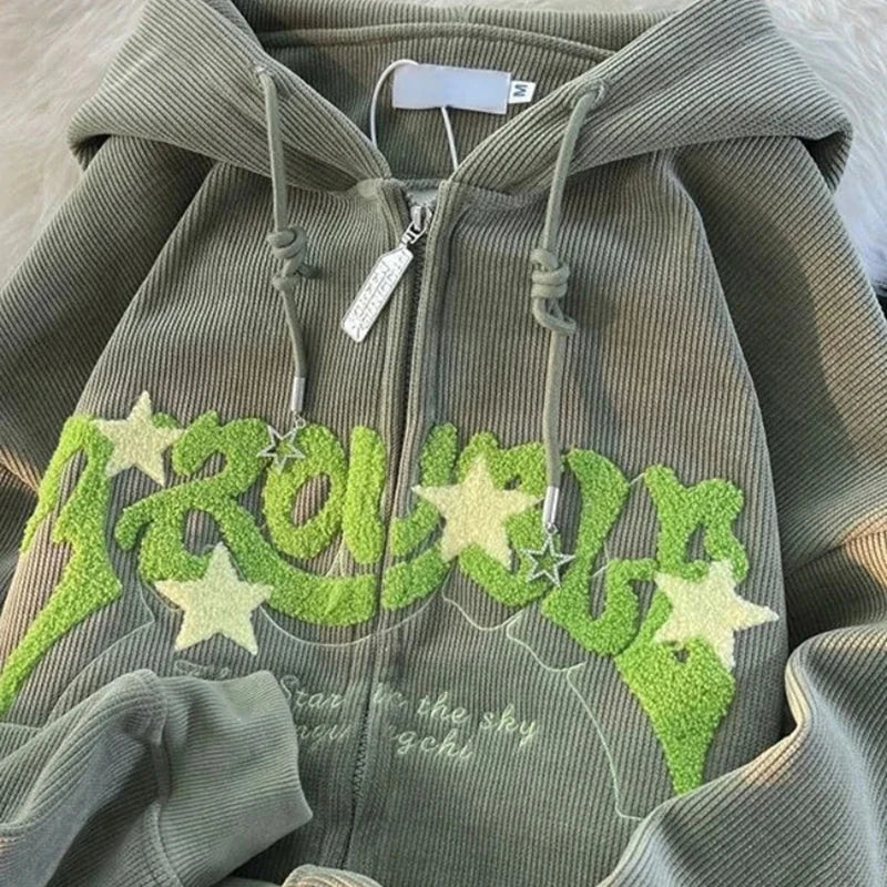 Felpe con cappuccio retrò da donna con ricamo, autunno inverno, cerniera, manica lunga, giacca ampia, cappotti Y2K, casual, tascabili, felpe con cappuccio