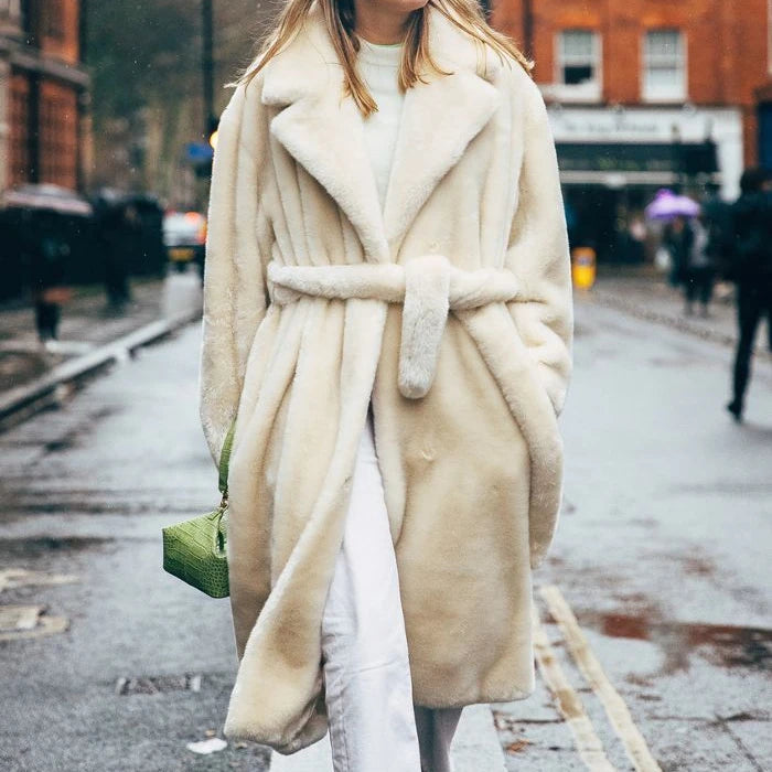 Giacca lunga in pelliccia sintetica da donna, con cintura spessa, autunno inverno, cappotto lungo caldo di lusso, cintura in pelliccia nera, parka Bontjas, capispalla pelosi