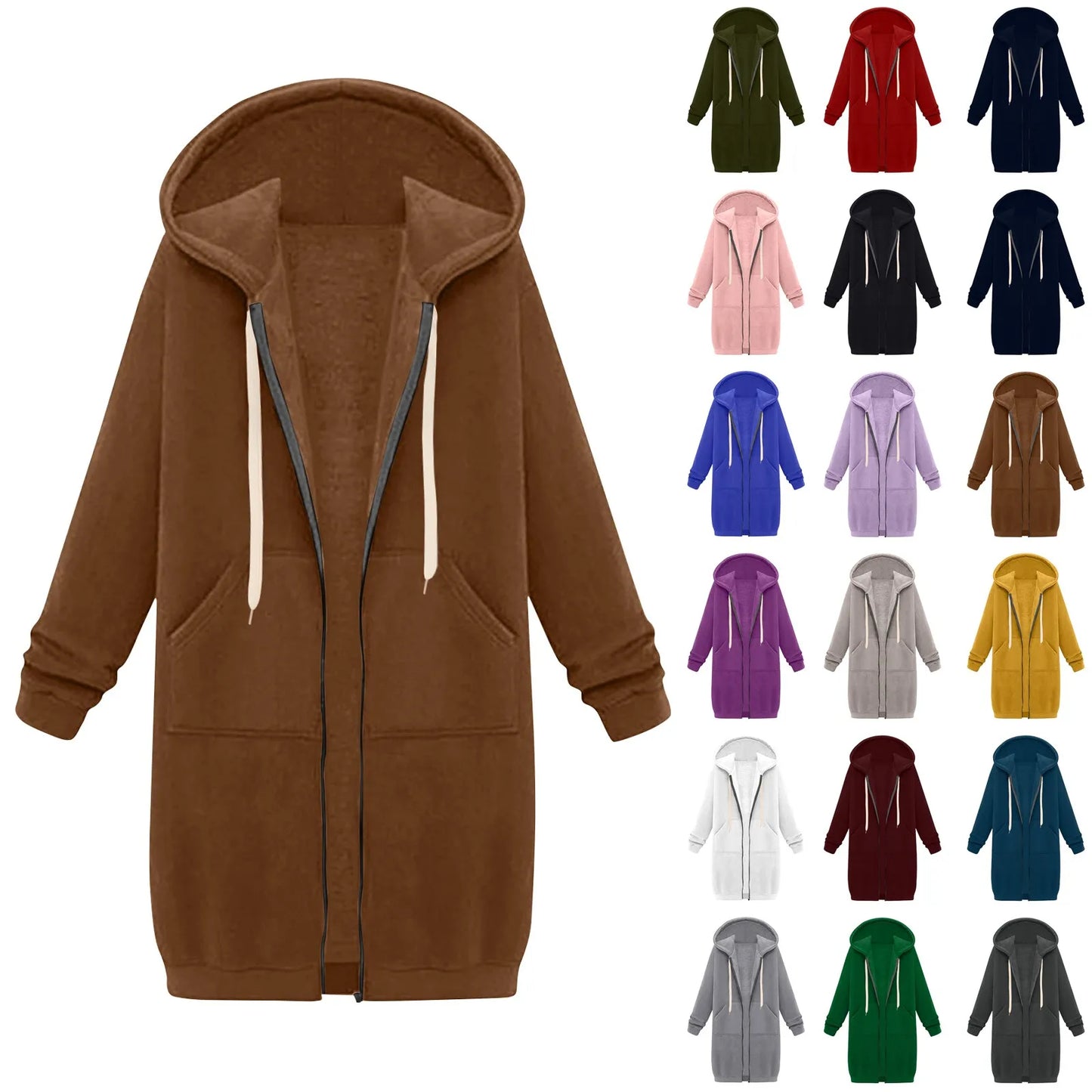 Felpa con cappuccio lunga con cerniera casual da donna, felpa invernale antivento con coulisse, giacca con cappuccio e tasche comode