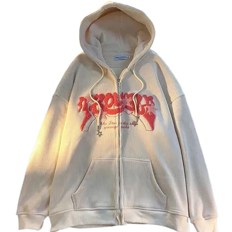 Felpe con cappuccio retrò da donna con ricamo, autunno inverno, cerniera, manica lunga, giacca ampia, cappotti Y2K, casual, tascabili, felpe con cappuccio
