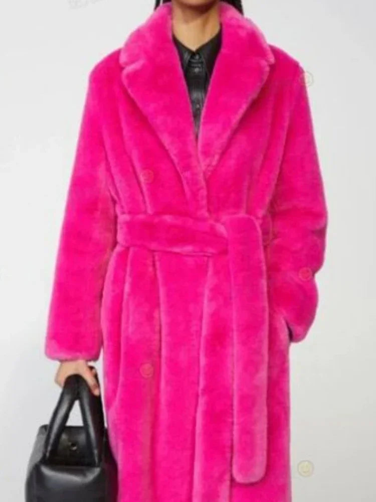 Giacca lunga in pelliccia sintetica da donna, con cintura spessa, autunno inverno, cappotto lungo caldo di lusso, cintura in pelliccia nera, parka Bontjas, capispalla pelosi
