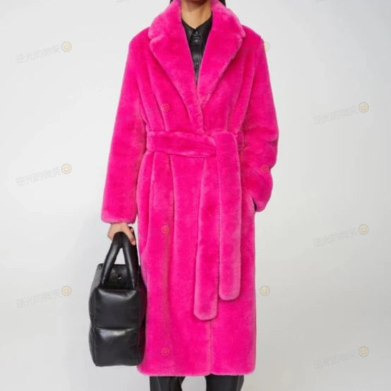 Giacca lunga in pelliccia sintetica da donna, con cintura spessa, autunno inverno, cappotto lungo caldo di lusso, cintura in pelliccia nera, parka Bontjas, capispalla pelosi