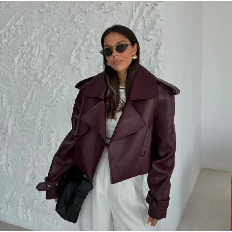 Eleganti cappotti in pelle bordeaux con un bottone per donna, alla moda, tasche a ribalta, giacche larghe e solide, 2024, capispalla da strada Lady Chic