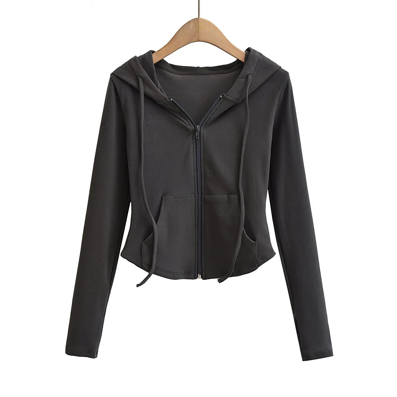 Felpe con cappuccio corte alla moda autunnale da donna, con cerniera intera, felpe alla moda coreana, con cappuccio, carine, a maniche lunghe, top corto sexy e attillato