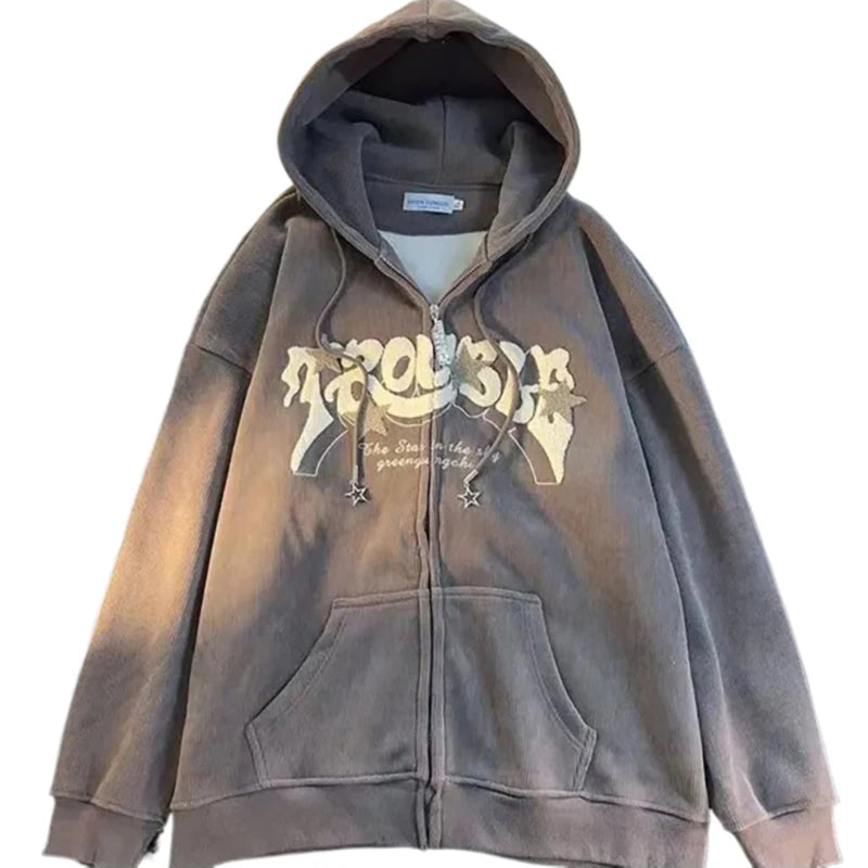 Felpe con cappuccio retrò da donna con ricamo, autunno inverno, cerniera, manica lunga, giacca ampia, cappotti Y2K, casual, tascabili, felpe con cappuccio