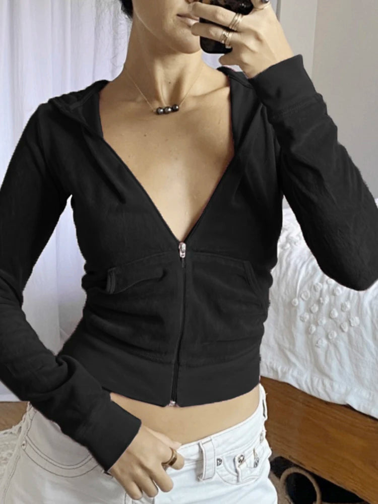 Giacca con cappuccio in velluto Rockmore Felpe da donna Harajuku Tasche con cerniera Felpe corte Felpe con cappuccio Estetica Slim Top Vestiti autunnali