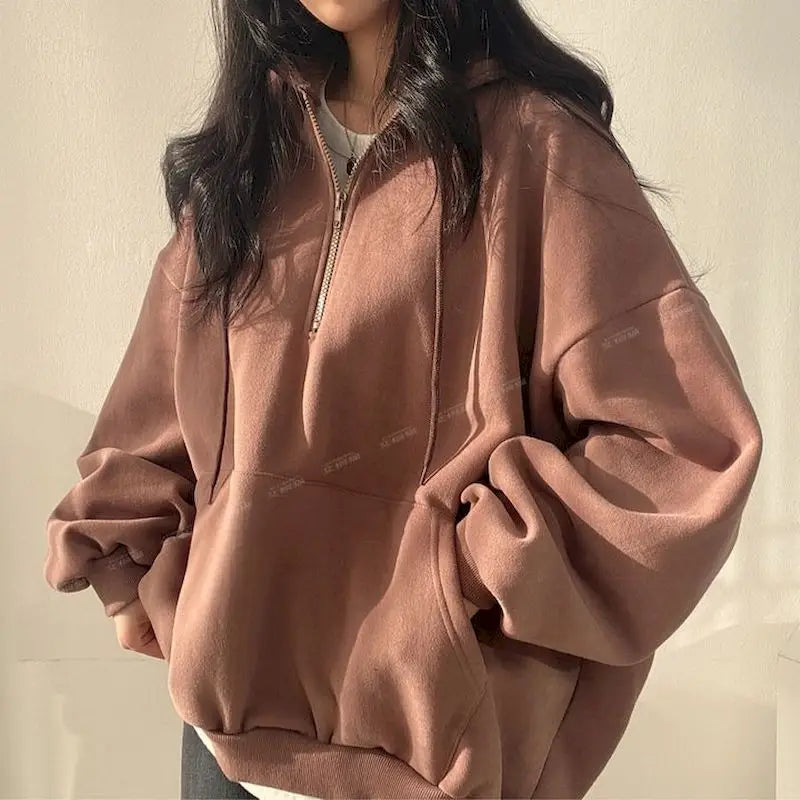 Felpa con cappuccio oversize con cerniera per donna, felpe monocromatiche, felpe casual, essenziale per donna, moda coreana, 2023