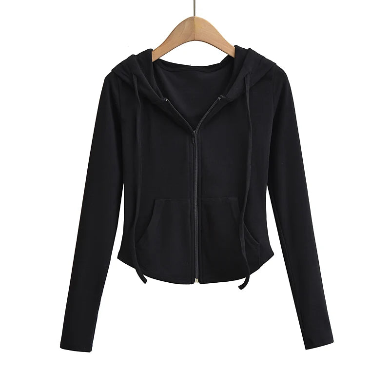 Felpe con cappuccio corte alla moda autunnale da donna, con cerniera intera, felpe alla moda coreana, con cappuccio, carine, a maniche lunghe, top corto sexy e attillato