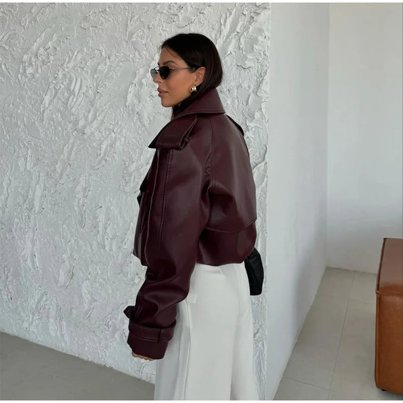 Eleganti cappotti in pelle bordeaux con un bottone per donna, alla moda, tasche a ribalta, giacche larghe e solide, 2024, capispalla da strada Lady Chic