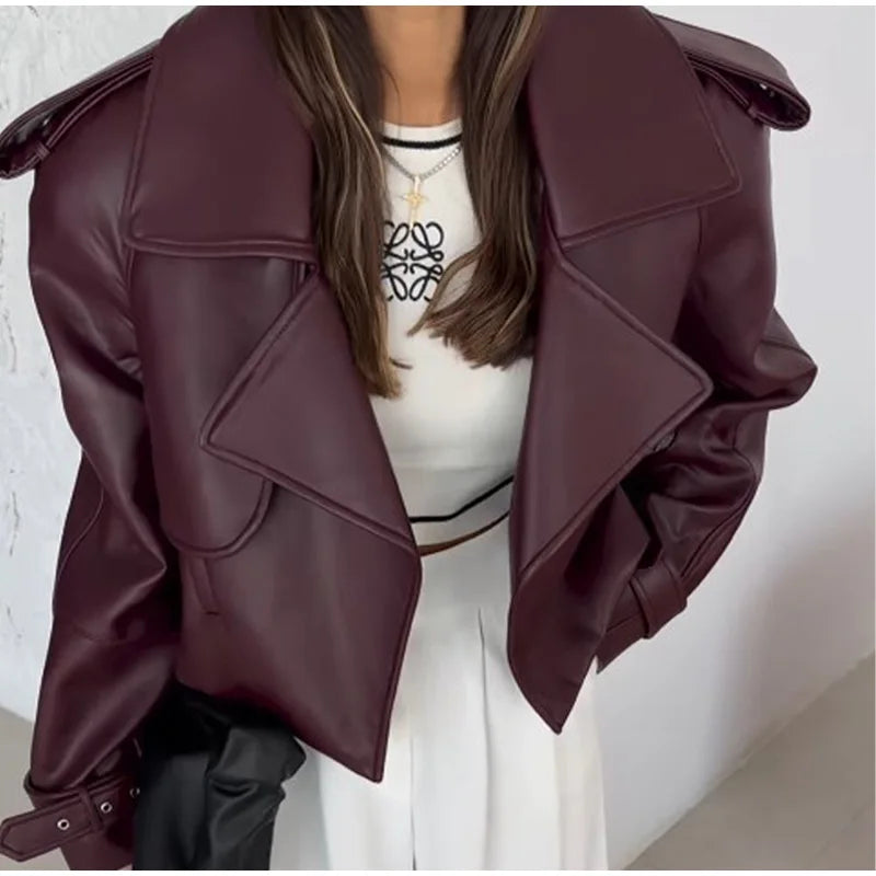 Eleganti cappotti in pelle bordeaux con un bottone per donna, alla moda, tasche a ribalta, giacche larghe e solide, 2024, capispalla da strada Lady Chic