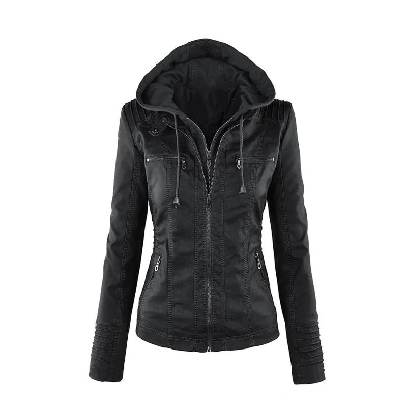 Giacca in similpelle da donna 2024 Giacca basica Cappotto Donna Giacca invernale da motociclista in pelle PU con cerniera Felpe con cappuccio Capispalla chaqueta