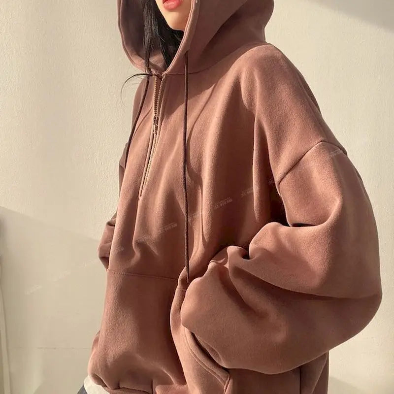 Felpa con cappuccio oversize con cerniera per donna, felpe monocromatiche, felpe casual, essenziale per donna, moda coreana, 2023