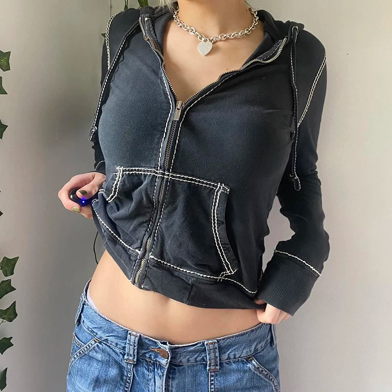 Dourbesty Harajuku Vintage Zip Up Felpe con cappuccio Estetica anni '90 Y2K Felpe con tasche E-girls Dark Academia Grunge Coat Crop Top