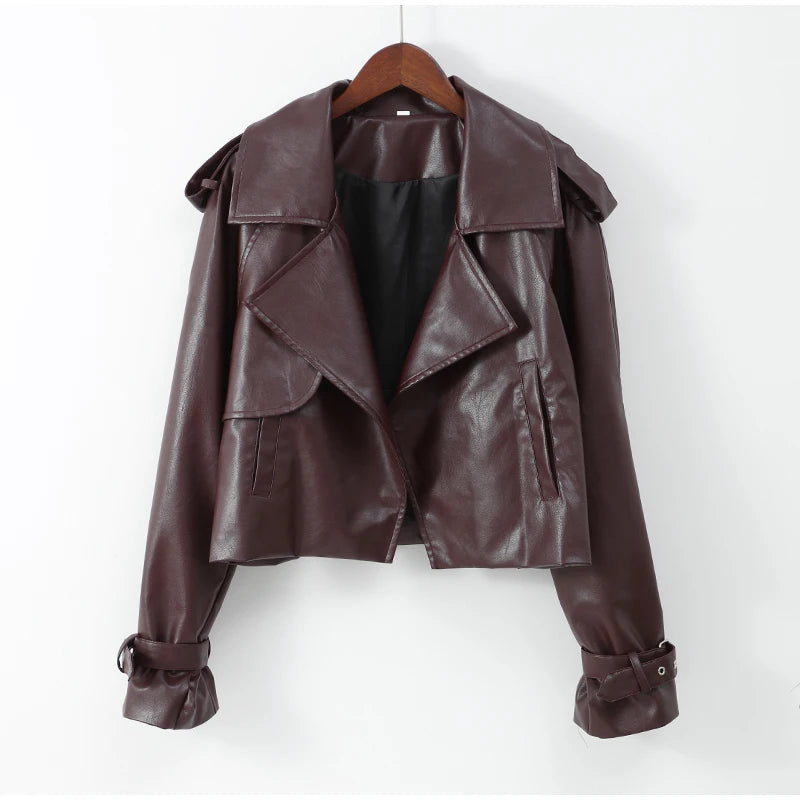 Eleganti cappotti in pelle bordeaux con un bottone per donna, alla moda, tasche a ribalta, giacche larghe e solide, 2024, capispalla da strada Lady Chic