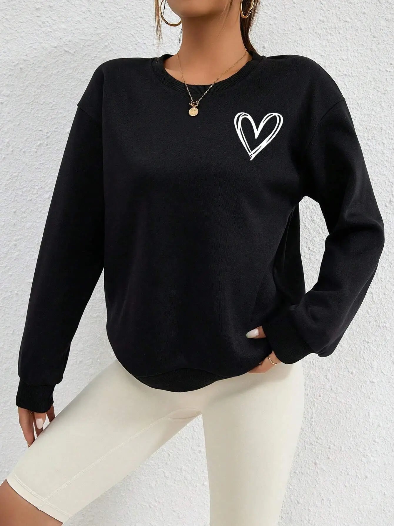 Felpe con stampa a forma di cuore semplice per donna, comode e casual, con scollo rotondo, in pile, calde e comode, abbigliamento sportivo