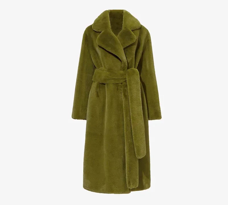 Giacca lunga in pelliccia sintetica da donna, con cintura spessa, autunno inverno, cappotto lungo caldo di lusso, cintura in pelliccia nera, parka Bontjas, capispalla pelosi