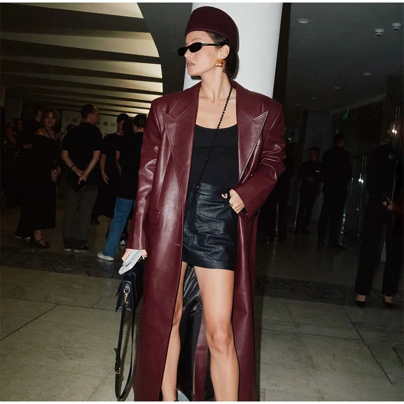 Eleganti cappotti in pelle bordeaux con un bottone per donna, alla moda, tasche a ribalta, giacche larghe e solide, 2024, capispalla da strada Lady Chic