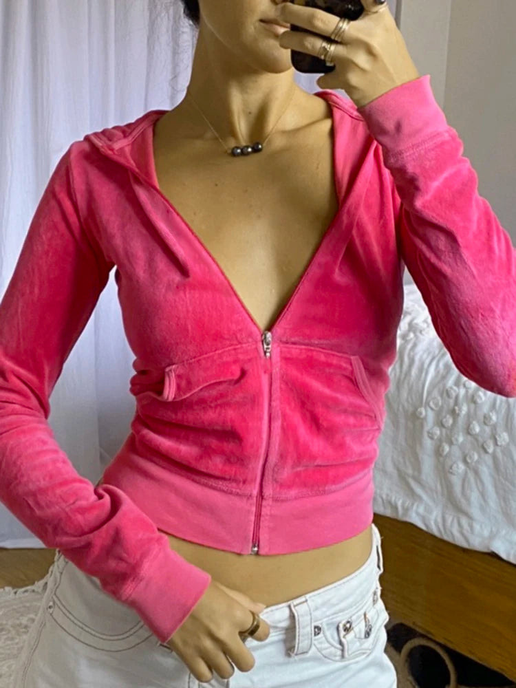 Giacca con cappuccio in velluto Rockmore Felpe da donna Harajuku Tasche con cerniera Felpe corte Felpe con cappuccio Estetica Slim Top Vestiti autunnali