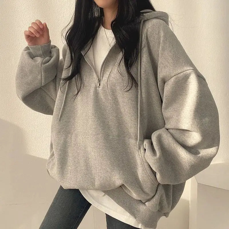 Felpa con cappuccio oversize con cerniera per donna, felpe monocromatiche, felpe casual, essenziale per donna, moda coreana, 2023