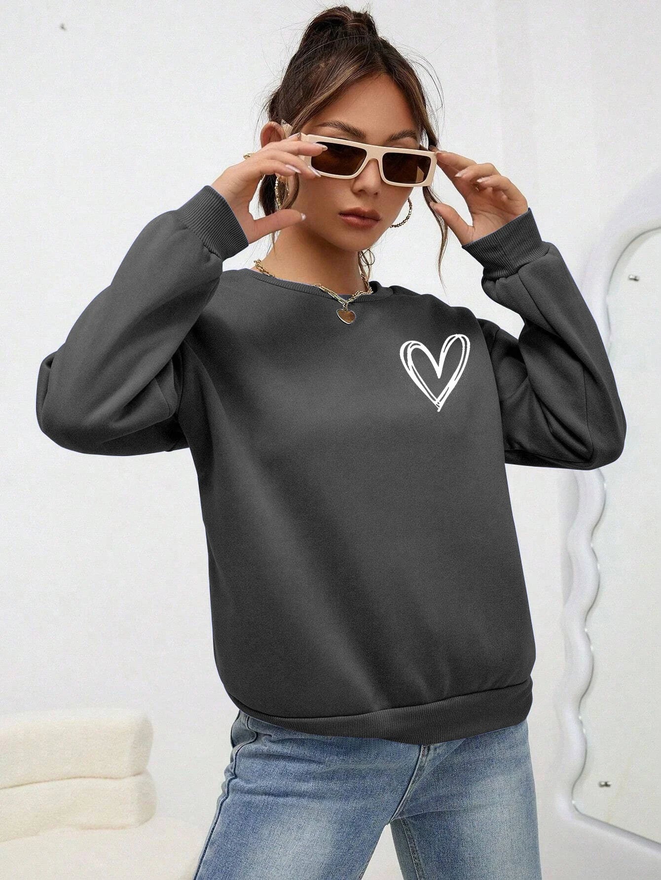 Felpe con stampa a forma di cuore semplice per donna, comode e casual, con scollo rotondo, in pile, calde e comode, abbigliamento sportivo