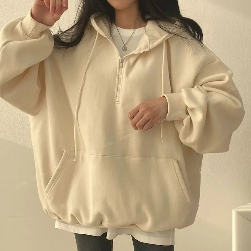Felpa con cappuccio oversize con cerniera per donna, felpe monocromatiche, felpe casual, essenziale per donna, moda coreana, 2023