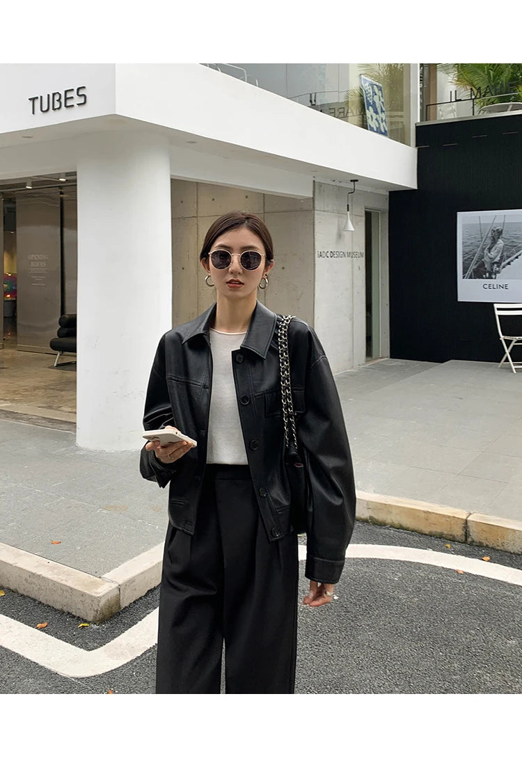 Giacca in pelle nera invernale corta da donna 2022 autunno coreano giacca da motociclista da strada alta da donna capispalla vintage sottile PU chic top