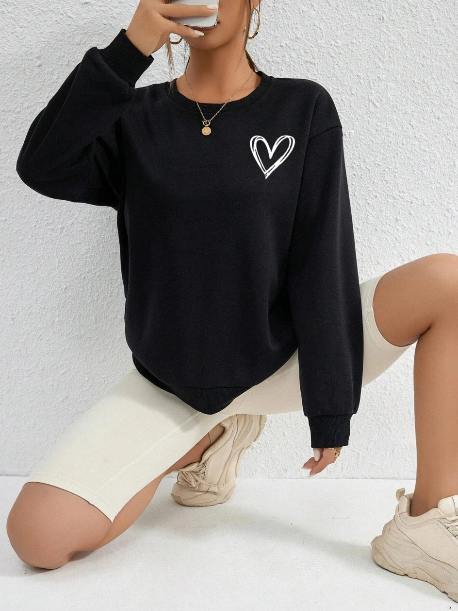 Felpe con stampa a forma di cuore semplice per donna, comode e casual, con scollo rotondo, in pile, calde e comode, abbigliamento sportivo
