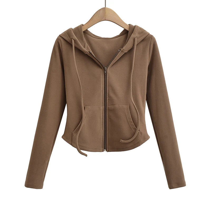 Felpe con cappuccio corte alla moda autunnale da donna, con cerniera intera, felpe alla moda coreana, con cappuccio, carine, a maniche lunghe, top corto sexy e attillato