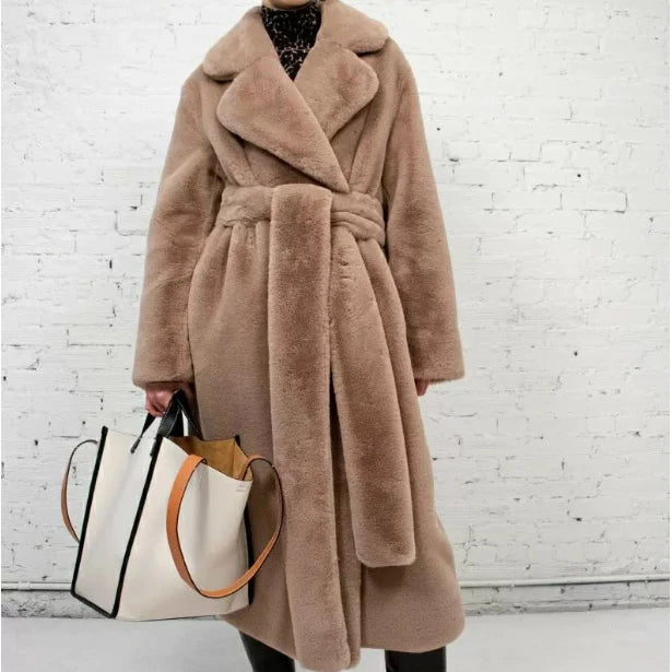 Giacca lunga in pelliccia sintetica da donna, con cintura spessa, autunno inverno, cappotto lungo caldo di lusso, cintura in pelliccia nera, parka Bontjas, capispalla pelosi