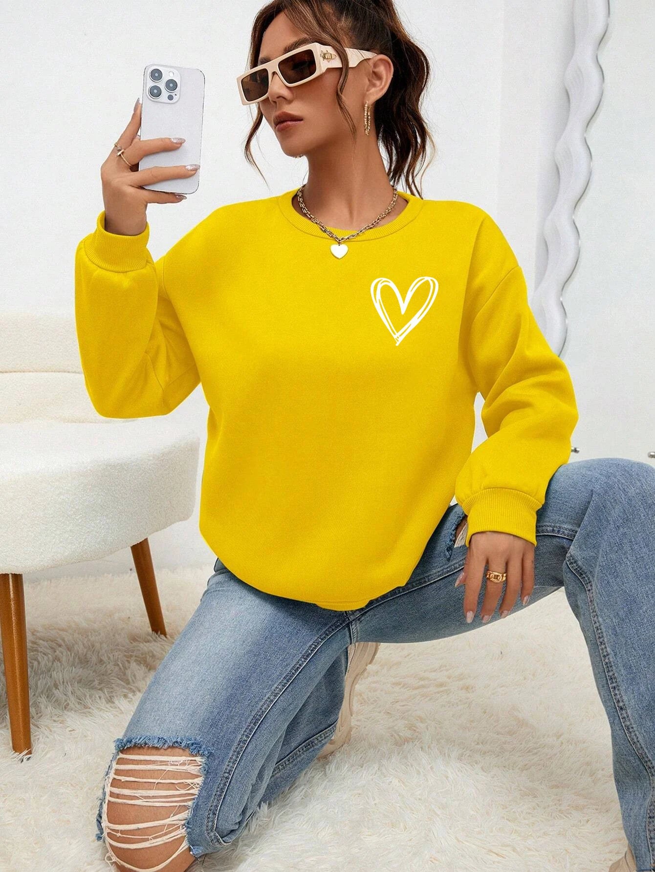 Felpe con stampa a forma di cuore semplice per donna, comode e casual, con scollo rotondo, in pile, calde e comode, abbigliamento sportivo