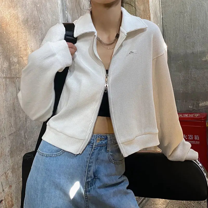 Felpe Donna All-match Solido Cerniera Trendy Stile Coreano Harajuku Ins Retro Autunno Casual Ufficio Donna Quotidiano Nuovo Arrivo