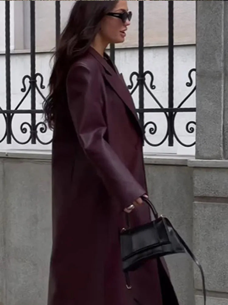 Eleganti cappotti in pelle bordeaux con un bottone per donna, alla moda, tasche a ribalta, giacche larghe e solide, 2024, capispalla da strada Lady Chic