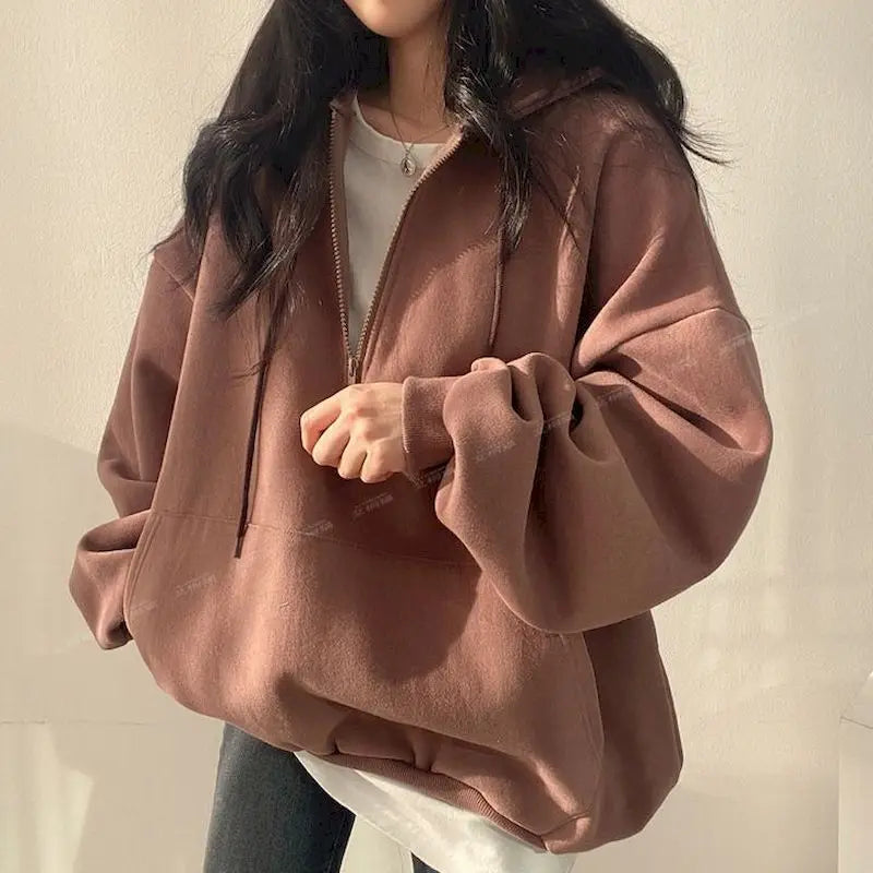 Felpa con cappuccio oversize con cerniera per donna, felpe monocromatiche, felpe casual, essenziale per donna, moda coreana, 2023
