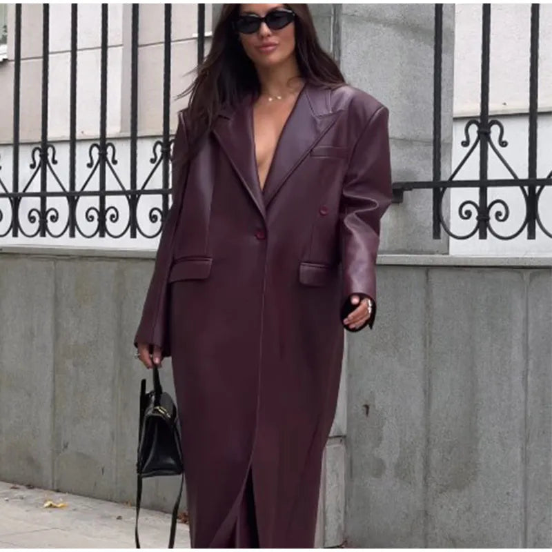 Eleganti cappotti in pelle bordeaux con un bottone per donna, alla moda, tasche a ribalta, giacche larghe e solide, 2024, capispalla da strada Lady Chic